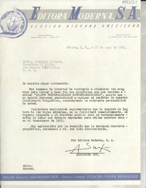 [Carta] 1952 mayo 23, México, D. F., México [a] Gabriela Mistral, Consulate of Chile, Los Angels [Angeles], California, [EE.UU.]