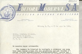 [Carta] 1952 mayo 23, México, D. F., México [a] Gabriela Mistral, Consulate of Chile, Los Angels [Angeles], California, [EE.UU.]