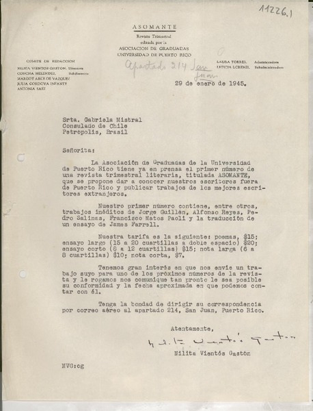 [Carta] 1945 ene. 29, [San Juan, Puerto Rico] [a] Gabriela Mistral, Consulado de Chile, Petrópolis, Brasil