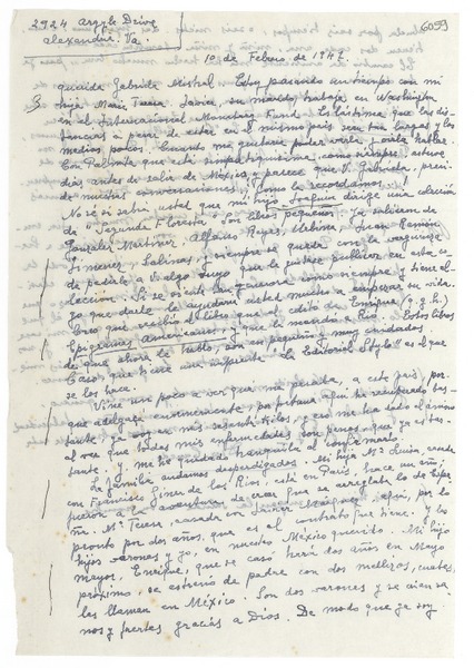 [Carta] 1947 feb. 1, Alexandria, [Estados Unidos] [a] Gabriela Mistral