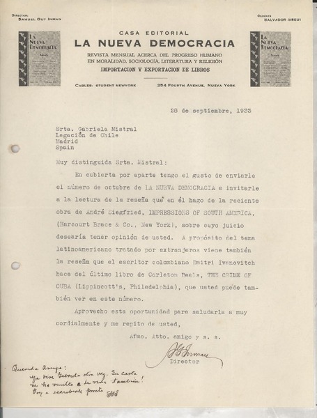 [Carta] 1933 sept. 28, Nueva York, [EE.UU.] [a] Gabriela Mistral, Legación de Chile, Madrid, [España]