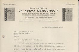 [Carta] 1933 sept. 28, Nueva York, [EE.UU.] [a] Gabriela Mistral, Legación de Chile, Madrid, [España]