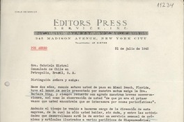 [Carta] 1942 jul. 31, New York City, [EE.UU.] [a] Gabriela Mistral, Consulado de Chile, Petrópolis, Brasil