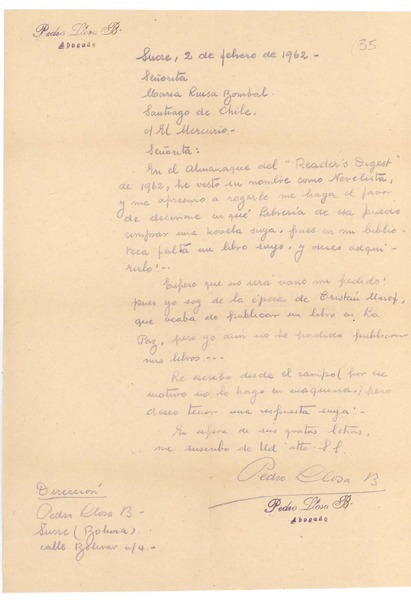 [Carta], 1962 feb. 2 Sucre, Bolivia <a> María Luisa Bombal, Santiago, Chile