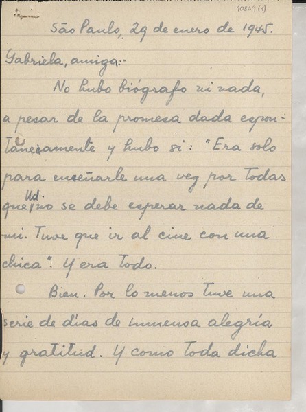 [Carta] 1945 ene. 29, São Paulo, [Brasil] [a] Gabriela [Mistral]