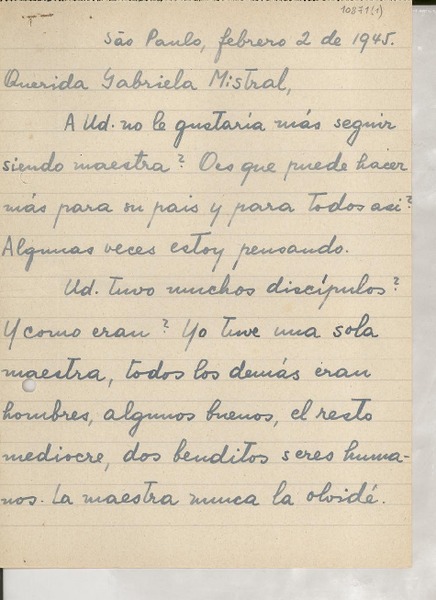 [Carta] 1945 feb. 2, São Paulo, [Brasil] [a] Gabriela Mistral