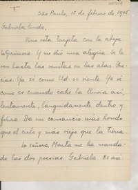 [Carta] 1945 feb. 15, São Paulo, [Brasil] [a] Gabriela [Mistral]