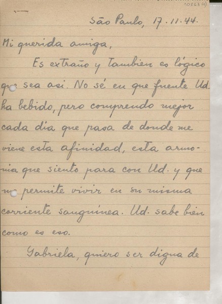 [Carta] 1944 nov. 17, Sao Paulo, [Brasil] [a] Gabriela Mistral
