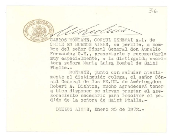 [Tarjeta], 1972 ene. 25 Buenos Aires, Argentina <a> Robert A. Bishton