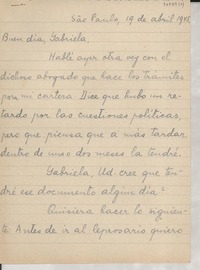 [Carta] 1945 abr. 19, São Paulo, [Brasil] [a] Gabriela [Mistral]