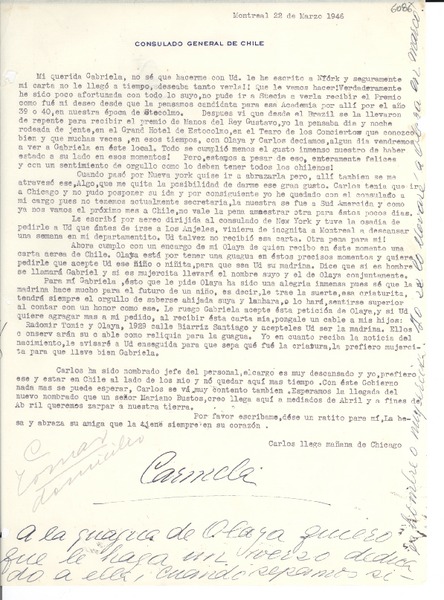 [Carta] 1946 mar. 22, Montreal [a] Gabriela Mistral
