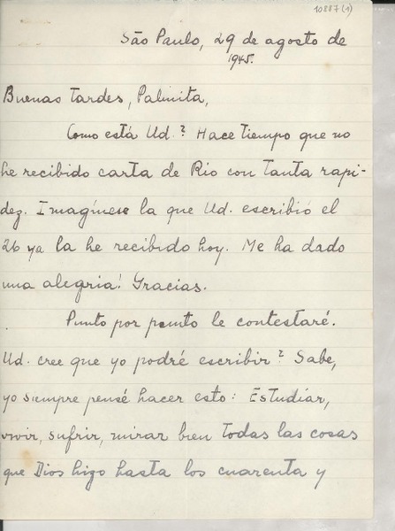[Carta] 1945 ago. 29, São Paulo, [Brasil] [a] Palma [Guillén]