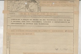 [Telegrama] 1945 sept. 11, Sao Paulo, [Brasil] [a] Gabriela Mistral, Petrópolis