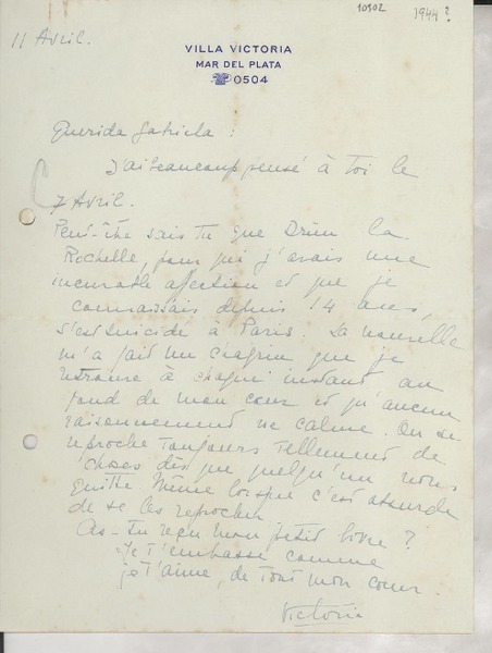 [Carta] 1944 abr. 11, [Mar del Plata, Argentina] [a] Gabriela Mistral
