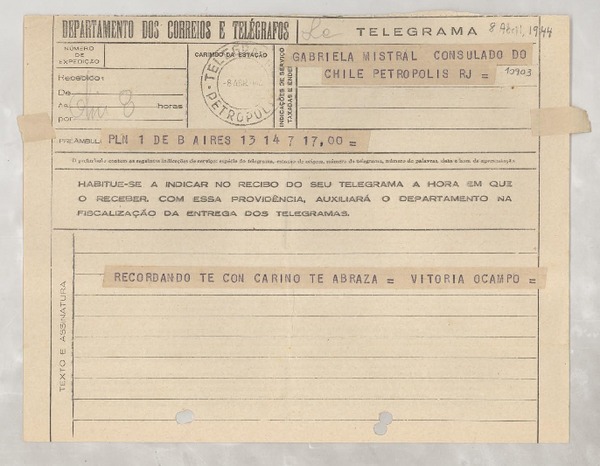 [Telegrama] 1944 abr. 8, Buenos Aires [a] Gabriela Mistral, Petrópolis