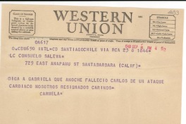 [Telegrama] 1948 sept. 8, Santiago, Chile [a] Consuelo Saleva, Santa Bárbara, California
