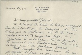 [Carta] 1954 feb. 21, [Mar del Plata], [Argentina] [a] Gabriela [Mistral]