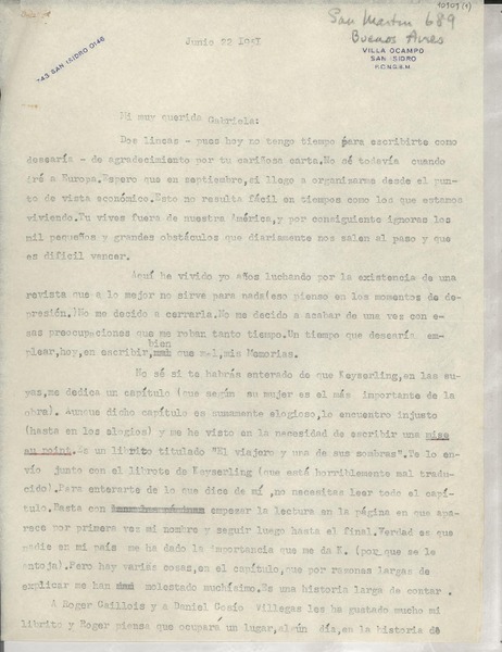 [Carta] 1951 jun. 21, Buenos Aires, [Argentina] [a] Gabriela Mistral