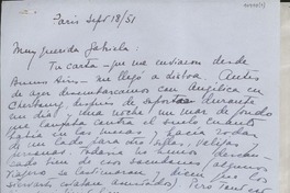 [Carta] 1951 sept. 18, Paris, [Francia] [a] Gabriela Mistral