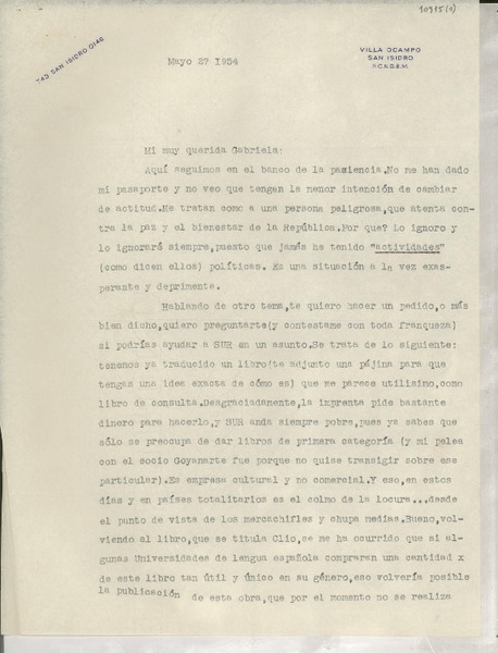 [Carta] 1954 mayo 27, [San Isidro, Argentina] [a] Gabriela Mistral