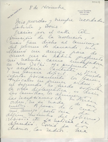 [Carta] 1953 nov. 8, [San Isidro, Argentina] [a] Gabriela Mistral