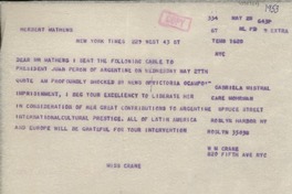 [Telegrama] 1953 May 28, Roslyn Harbor, New York [a] Herbert Mathews, New York Times