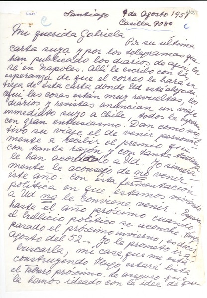 [Carta] 1951 ago. 9, Santiago [a] Gabriela Mistral