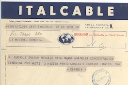 [Telegrama] 1952 jul. 22, Santiago, Chile [a] Gabriela Mistral, Nápoles, Italia