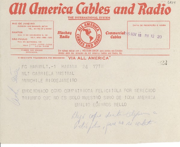 [Telegrama] 1945 nov. 18, [La] Habana, [Cuba] [a] Gabriela Mistral, Rio de Janeiro
