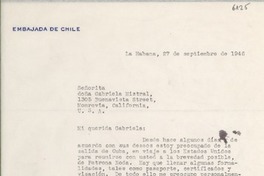 [Carta] 1946 sept. 27, La Habana, [Cuba] [a] Gabriela Mistral, Monrovia, California