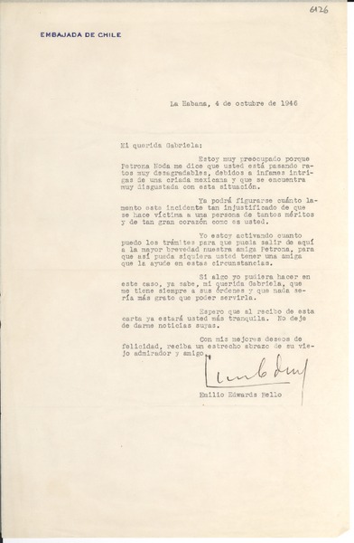 [Carta] 1946 oct. 4, La Habana, [Cuba] [a] Gabriela Mistral