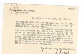 [Tarjeta] 1948 nov. 30, La Habana, [Cuba] [a] Gabriela Mistral