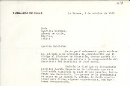 [Carta] 1952 oct. 9, La Habana, [Cuba] [a] Gabriela Mistral, Nápoles, Italia