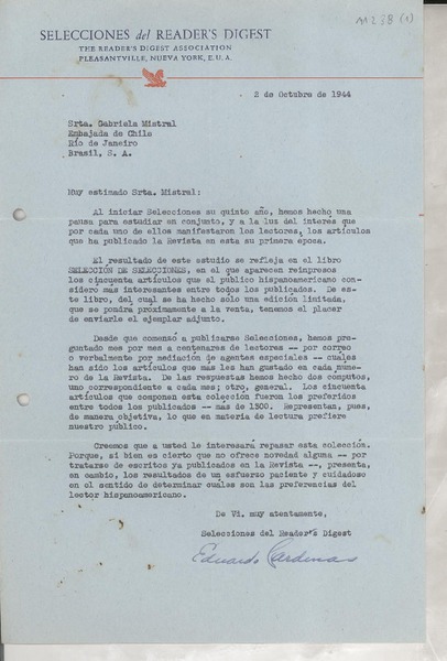 [Carta] 1944 oct. 2, Nueva York [a] Gabriela Mistral, Río de Janeiro, Brasil