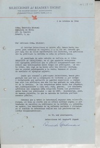 [Carta] 1944 oct. 2, Nueva York [a] Gabriela Mistral, Río de Janeiro, Brasil