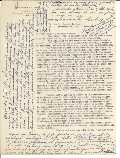 [Carta] 1942 ene. 19, Santiago [a] Gabriela Mistral