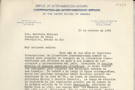 [Carta] 1945 oct. 31, Río de Janeiro [a] Gabriela Mistral, Petrópolis