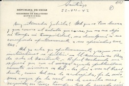 [Carta] 1942 jul. 22, Santiago [a] Gabriela Mistral