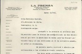 [Carta] 1946 mar. 16, [New York], [EE.UU.] [a] Gabriela Mistral, Washington D. C., [EE.UU.]