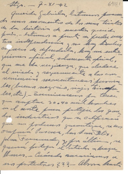 [Carta] 1942 nov. 7, Santiago [a] Gabriela Mistral
