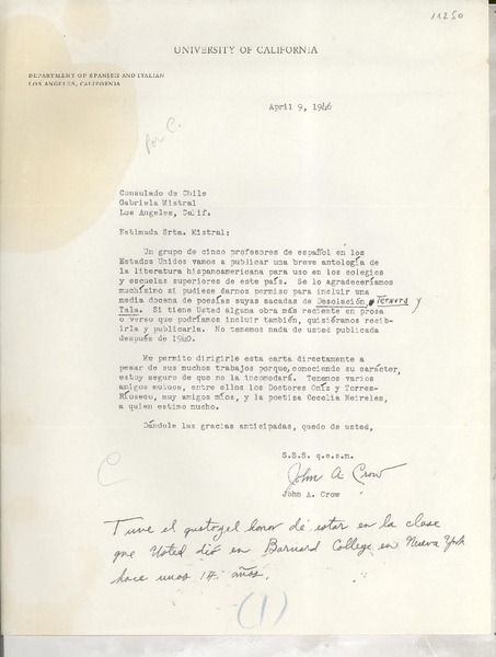[Carta] 1946 Apr. 9, Los Angeles, California, [EE.UU.] [a] Gabriela Mistral, Los Angeles, Calif., [EE.UU.]