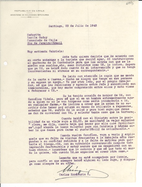 [Carta] 1943 jul. 23, Santiago [a] Lucila Godoy, Río de Janeiro, Brasil