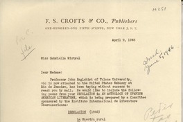 [Carta] 1946 Apr. 9, New York, [EE.UU.] [a] Gabriella [i.e. Gabriela] Mistral, [EE.UU.]