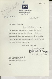 [Carta] 1946 Apr. 10, New York, [EE.UU.] [a] Gabriela Mistral, Los Angeles, California, [EE.UU.]