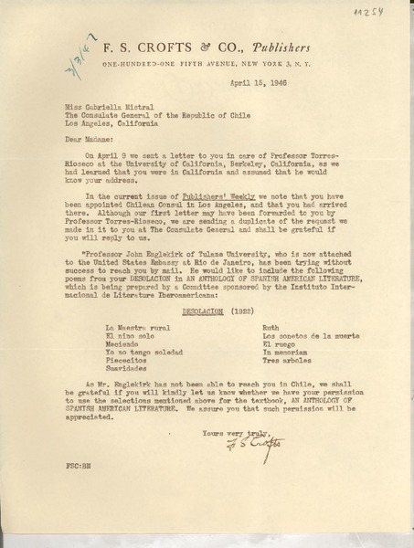 [Carta] 1946 Apr. 15, New York, [EE.UU.] [a] Gabriella [i. e. Gabriela] Mistral, Los Angeles, California, [EE.UU.]