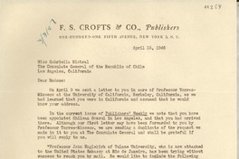 [Carta] 1946 Apr. 15, New York, [EE.UU.] [a] Gabriella [i. e. Gabriela] Mistral, Los Angeles, California, [EE.UU.]