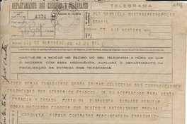 [Telegrama] 1945 nov. 21, Montreal [a] Gabriela Mistral, Petrópolis