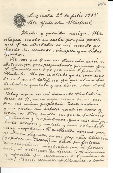 [Carta] 1935 jul. 23, Luzmela, [España] [a] Gabriela Mistral