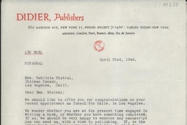 [Carta] 1946 Apr. 22, New York [a] Gabriela Mistral, Los Angeles, California