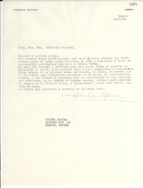[Carta] 1954 abr. 1, Madrid, [España] [a] Gabriela Mistral